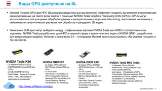 © 2016 IBM Corporation 11
Виды GPU доступных на SL
 General Purpose GPU для HPC (Высокопроизводительные вычисления) позволяют ускорить вычисления в приложениях
ориентированных на такого рода задачи с помощью NVIDIA Tesla Graphics Processing Units (GPUs). GPUs могут
использоваться для ускорения обработки данных и непараллельных задач как data mining, выполнение численных и
сейсмических аналитических расчетов или обработка и рендеринг 3D видео.
 Закакзчики SoftLayer могут выбирать между графическими картами NVIDIA Tesla или GRID в соответствии с их
задачами. NVIDIA Tesla разработана для HPC в научной сфере и аналитических задач а NVIDIA GRID разработана
для визуализации графики. Начиная с поколения 2.0 - платформа Maxwell можно использовать оба режима на одних и
тех же картах.
NVIDIA Tesla M60 Tesla
- 2x Maxwell GPUs (GM204)
- 4096NVIDIA Cores (2048 per GPU)
- 16GB GDDR5 Memory
- Use Cases – Virtualization of GPU
Functionality, Network delivered GPU
acceleration for Virtual Desktop, Remote
Visualization/ 3D Rendering
- GRID functionality requires additional
software licenses
http://www.softlayer.com/gpu
NVIDIA Tesla K80
- 2x Kepler GPUs (GK210)
- 4992 NVIDIA Cores (2496 per
GPU)
- 24GB GDDR5 Memory
- Use Cases - General Purpose
GPU – HPC, Hundreds of
applications accelerated
NVIDIA GRID K2
- 2x Kepler GPUs (GK104)
- 3072 NVidia Cores (1536 per
GPU)
- 8 GB GDDR5
- Use Cases: Virtualization of
GPU Functionality, Network
delivered GPU acceleration for
Virtual Desktop, Remote
Visualization/ 3D Rendering
NVIDIA GRID K10
- 2x Kepler GPUs (GK104)
- 3072 NVidia Cores (1536 per
GPU)
- 24 GB GDDR5
- 2,5 GHz Clock Speed
- Memory Bandwidth 2x 160
Gb/sec
- Use-case: General Purpose
GPU (GPGPU) – HPC,
Hundreds of applications
accelerated
 