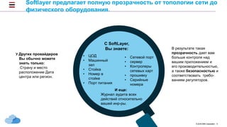 © 2016 IBM Corporation 5
Softlayer предлагает полную прозрачность от топологии сети до
физического оборудования.
У Других провайдеров
Вы обычно можете
знать только:
Страну и место
расположение Дата
центра или регион.
С SoftLayer,
Вы знаете:
• ЦОД
• Машинный
зал
• Стойка
• Номер в
стойке
• Порт питания
• Сетевой порт
• сервер
• Контролеры
сетевых карт
• прошивку
• Серийные
номера
И еще:
Журнал аудита всех
действий относительно
вашей инр-ры.
В результате такая
прозрачность дает вам
больше контроля над
вашим приложением и
его производительностью,
а также безопасностью и
соответствовать требо-
ваниям регуляторов.
 