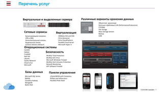 © 2016 IBM Corporation 7
Перечень услуг
7
Различные варианты хранения данныхВиртуальные и выделенные сервера
Объектное хранилище
Блочные и файловые LUN (Performance/Endurance)
FTP/NAS
File storage
Mass Storage Servers
Backup
CDN
Сетевые сервисы
Балансировщики нагрузки;
VPN и DNS;
Интеллектуальные шлюзы;
Выделенные линии;
Content Delivery Network
Операционные системы
CentOS
Debian
FreeBSD
Red Hat
Ubuntu
Vyatta Network
Cloud Linux
Microsoft
Виртуализация
VMWare ESX and ESXi
Citrix Xenserver
Citrix CloudPlatform
Parallels Cloud Server
Microsoft Hyper-V
Безопасность
McAfee Total Protection
McAfee Anti-Virus
Microsoft Windows Firewall
McAfee Host Intrusion Protection
Nimsoft Monitoring
APF Software Firewall
Базы данных
Microsoft SQL Server
MySQL
Cloudera Hadoop
MongoDB
Basho Riak
Панели управления
cPanel/WHM with Fantastico,
RVSkin and Softaculous.
Parallels Plesk Panel
 