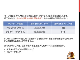 サーバは２つのVLANに接続されるので、IPアドレスも２種類割り振られます。 
IPアドレスは、サーバの購入台数に関わらずサブネット単位で提供されます。 
IPアドレスの種類 
提供されるサブネット 
提供されるアドレス数 
パブリックIPアドレス 
X.X.X.X /29 
8個 
プライベートIPアドレス 
10.X.X.X /26 
64個 
IPアドレスはサーバ購入時に自動で付与されるので、お客様が所有されているIPア 
ドレスは持ち込むことができません。 
余ったIPアドレスは、以下の条件で追加購入したサーバに使用されます。 
• マスターアカウントが同じユーザ 
• 同じデータセンタ 
 