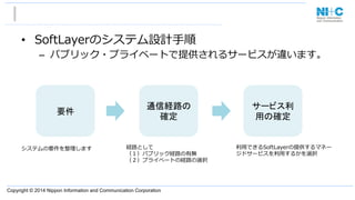 Copyright © 2014 Nippon Information and Communication Corporation
•  SoftLayerのシステム設計⼿手順
–  パブリック・プライベートで提供されるサービスが違います。
要件	
通信経路の
確定	
サービス利
用の確定	
利利⽤用できるSoftLayerの提供するマネー
ジドサービスを利利⽤用するかを選択
経路路として
（１）パブリック経路路の有無
（２）プライベートの経路路の選択
システムの要件を整理理します
 