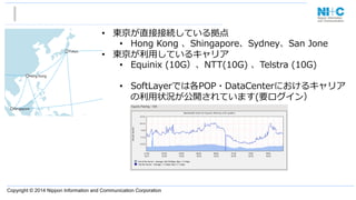 Copyright © 2014 Nippon Information and Communication Corporation
•  東京が直接接続している拠点
•  Hong  Kong  、Shingapore、Sydney、San  Jone
•  東京が利利⽤用しているキャリア
•  Equinix  (10G）、NTT(10G)  、Telstra  (10G)
•  SoftLayerでは各POP・DataCenterにおけるキャリア
の利利⽤用状況が公開されています(要ログイン）
 