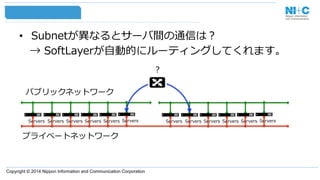 Copyright © 2014 Nippon Information and Communication Corporation
•  Subnetが異異なるとサーバ間の通信は？
 　→  SoftLayerが⾃自動的にルーティングしてくれます。
パブリックネットワーク
プライベートネットワーク
Servers Servers Servers Servers Servers Servers Servers Servers Servers Servers Servers Servers
？
 