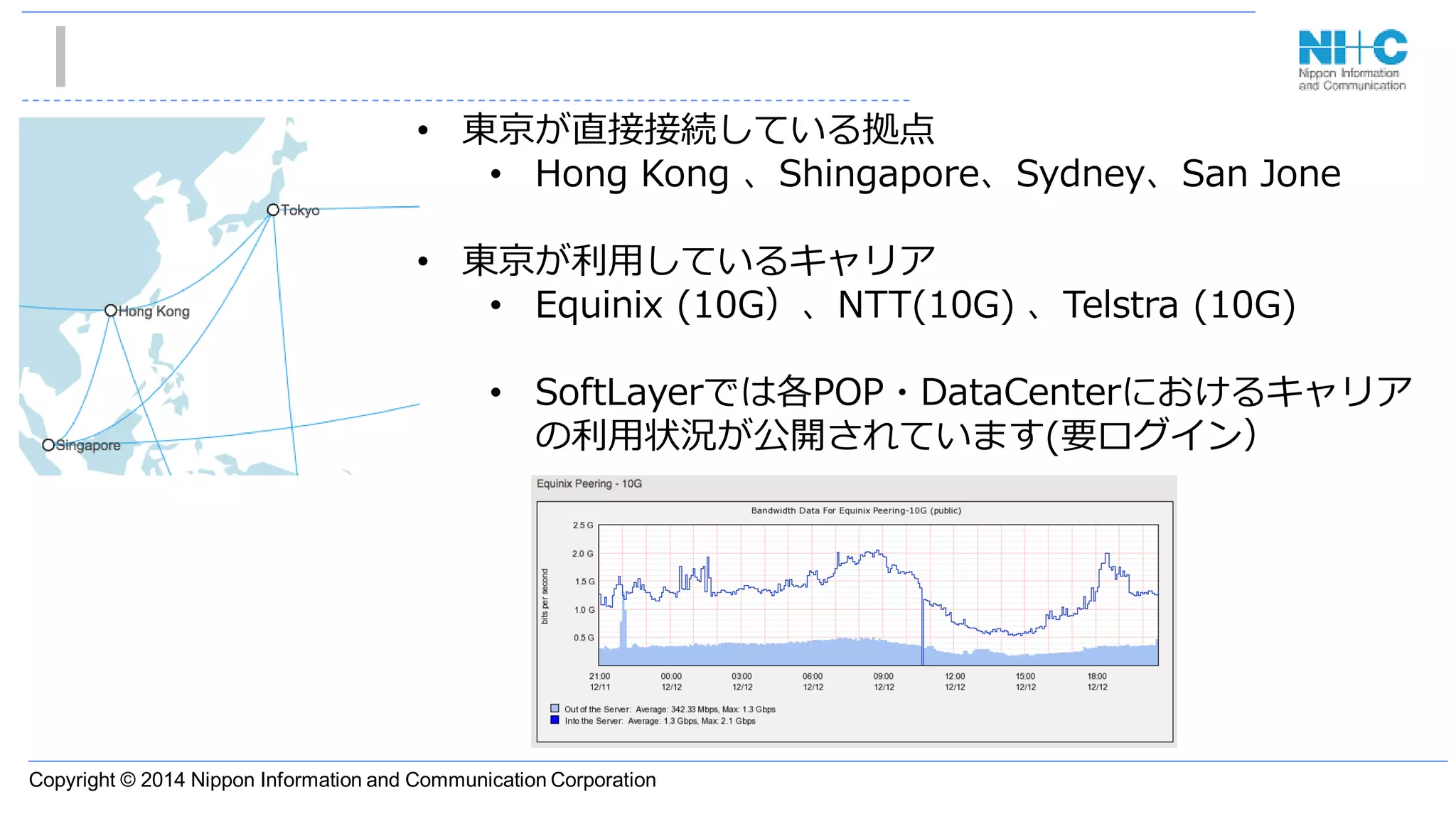 Copyright © 2014 Nippon Information and Communication Corporation
• 東京が直接接続している拠点
• Hong Kong 、Shingapore、Sydney、San Jone
• 東京が利用しているキャリア
• Equinix (10G）、NTT(10G) 、Telstra (10G)
• SoftLayerでは各POP・DataCenterにおけるキャリア
の利用状況が公開されています(要ログイン）
 