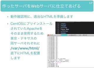 ä`ФWeb`ФƤ
17
? _JäˡmHTMLʂ䤷ޤ
? CentOS˥ץꥤ󥹥ȩ`?
ƤApache?
Τޤʹä뤿?
|?ƥ?
I`Ф줾?
/var/www/html/?
ֱ¤HTML?
ޤ
 