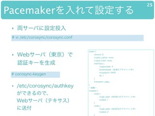 PacemakerO
25
? I`ФOͶ
# vi /etc/corosync/corosync.conf
totem {
version: 2
crypto_cipher: none
crypto_hash: none
interface {
ringnumber: 0
bindnetaddr: <Υץ饤٩`IP>
mcastport: 5405
ttl: 1
}
transport: udpu
}
ʡԡ
nodelist {
node {
ring0_addr: <NODE1Υץ饤٩`IP>
nodeid: 1
}
node {
ring0_addr: <NODE2Υץ饤٩`IP>
nodeid: 2
}
# corosync-keygen
? Web`У|?
J^`
? /etc/corosync/authkey?
ǤΤǡ?
Web`Уƥ?
͸
 