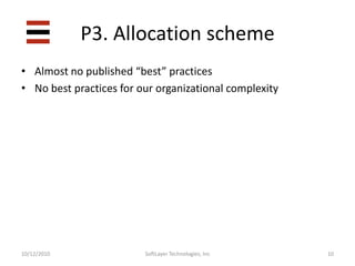 P2. Provider supportInitial trouble finding provider to support our implementation schemeAllocated a /32 from ARINProvider accepts /32 or larger3 datacenters, but don’t want to anycastAsk ARIN for 2 more /32s, not going to happen**Before discrete network rules amendmentEnded up anycast anywaysProvider finally allowed us to broadcast /368SoftLayer Technologies, Inc10/12/2010