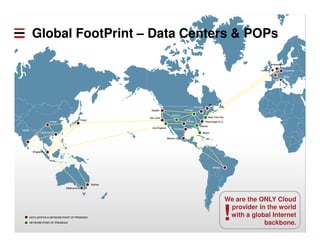 Global FootPrint – Data Centers & POPs
We are the ONLY Cloud
provider in the world
with a global Internet
backbone.
INDIAINDIA
CHINACHINA
TokyoTokyo
Hong KongHong Kong
SingaporeSingapore
MelbourneMelbourne
SeattleSeattle
San JoseSan Jose
Los AngelesLos Angeles
Mexico CityMexico City
DenverDenver
ChicagoChicago
DallasDallas
HoustonHouston
TorontoToronto
MontrealMontreal
BRAZILBRAZIL
New York CityNew York City
Washington D.C.Washington D.C.
MiamiMiami
LondonLondon FrankfurtFrankfurt
AmsterdamAmsterdam
ParisParis
SydneySydney
AtlantaAtlanta
DATA CENTER & NETWORK POINT OF PRESENCEDATA CENTER & NETWORK POINT OF PRESENCE
NETWORK POINT OF PRESENCENETWORK POINT OF PRESENCE
!
MilanMilan
 