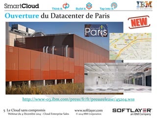 5 Le Cloud sans compromis
Webinar du 4 Decembre 2014 – Cloud Enterprise Sales
www.softlayer.com
© 2014 IBM Corporation
Ouv...