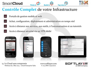 13 Le Cloud sans compromis
Webinar du 7 Mai 2014 – Cloud Enterprise Sales
www.softlayer.com
© 2014 IBM Corporation
Contrôle Complet de votre Infrastructure
Portails de gestion mobile et web
Achat, configuration, déploiement et administration en temps réel
Accès à distance aux services, aux outils, à l’automatisation et au tutoriels
Accès à distance sécurisé via un VPN dédié
 