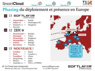 18 Le Cloud sans compromis
Webinar du 7 Mai 2014 – Cloud Enterprise Sales
www.softlayer.com
© 2014 IBM Corporation
Phasing du déploiement et présence en Europe
13
12
15 NOUVEAUX !
• Amsterdam
• Dallas x 6
• Houston x 2
• San Jose
• Seattle
• Washington DC
• Singapore
• Portsmouth
• Ehningen
• Winterthur
• Montpellier
• Lisbon
• Barcelona
• Boulder
• Tokyo
• Singapore
• Sydney
• Raleigh
• Toronto
• Londres
• Paris
• Frankfurt
• Hong-Kong
• Mexico
• Australia x 2
• Brazil
• Canada x 2
• China
• India
• Japan
• USA x 2 (FISMA)
 