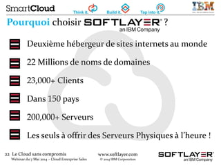 22 Le Cloud sans compromis
Webinar du 7 Mai 2014 – Cloud Enterprise Sales
www.softlayer.com
© 2014 IBM Corporation
Deuxième hébergeur de sites internets au monde
22 Millions de noms de domaines
23,000+ Clients
Dans 150 pays
200,000+ Serveurs
Les seuls à offrir des Serveurs Physiques à l’heure !
Pourquoi choisir ?
 