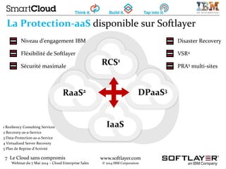 7 Le Cloud sans compromis
Webinar du 7 Mai 2014 – Cloud Enterprise Sales
www.softlayer.com
© 2014 IBM Corporation
La Protection-aaS disponible sur Softlayer
IaaS
RaaS2 DPaaS3
RCS1
Niveau d’engagement IBM
Fléxibilité de Softlayer
Sécurité maximale
1 Resiliency Consulting Services
2 Recovery-as-a-Service
3 Data-Protection-as-a-Service
4 Virtualized Server Recovery
5 Plan de Reprise d’Activité
Disaster Recovery
VSR4
PRA5 multi-sites
 