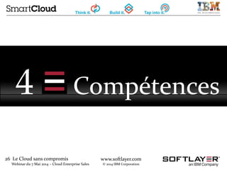 26 Le Cloud sans compromis 
Webinar du 7 Mai 2014 – Cloud Enterprise Sales 
www.softlayer.com 
© 2014 IBM Corporation 
4 Compétences  