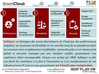 15 Le Cloud sans compromis
Webinar du 1 Octobre 2015 – Cloud Enterprise Sales
www.softlayer.com
© 2015 IBM Corporation
15
Performance
Intégralement
configurable
Adaptable
facilement, API
Niveau de
sécurité
maximal
Flexibilité Sécurité
Capacités
de calculs
exceptionnelles
Stockage
très performant
Disponibilité
réseau et
redondance
Support 24x7
Softlayer se distingue des autres fournisseurs de Cloud par des performances
inégalées, un maximum de flexibilité et un contrôle total de sa plateforme IaaS.
Les serveurs sont complètement modifiables, connectés grâce à un réseau privé
global et sécurisé, managés par une interface unifiée; garantissant une
expérience client incomparable. Depuis son rachat par IBM, Softlayer se fait
une fierté de contribuer à la fois à l’innovation et à la transformation de vos
infrastructures IT tout en vous garantissant un Cloud sans compromis.
1 2 3
Design
Standardisé
Visibilité en
Temps Réel
Management
simple et
puissant
 