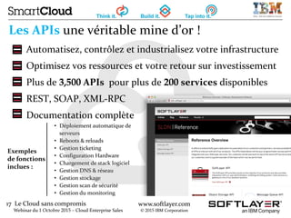 17 Le Cloud sans compromis
Webinar du 1 Octobre 2015 – Cloud Enterprise Sales
www.softlayer.com
© 2015 IBM Corporation
• Déploiement automatique de
serveurs
• Reboots & reloads
• Gestion ticketing
• Configuration Hardware
• Chargement de stack logiciel
• Gestion DNS & réseau
• Gestion stockage
• Gestion scan de sécurité
• Gestion du monitoring
Les APIs une véritable mine d’or !
Automatisez, contrôlez et industrialisez votre infrastructure
Optimisez vos ressources et votre retour sur investissement
Plus de 3,500 APIs pour plus de 200 services disponibles
REST, SOAP, XML-RPC
Documentation complète
Exemples
de fonctions
inclues :
 