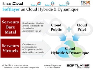 48 Le Cloud sans compromis
Webinar du 1 Octobre 2015 – Cloud Enterprise Sales
www.softlayer.com
© 2015 IBM Corporation
Softlayer un Cloud Hybride & Dynamique
• Grand nombre d’options
• Avec ou sans couche de
virtualisation
• A disposition en 1-4h
Serveurs
Bare
Metal
• Complètement
personnalisables
• vCPU garantis à 2 GHz
• A disposition en 5-15min
Serveurs
Virtuels
Cloud
Hybride & Dynamique
Cloud
Public
Cloud
Privé
 