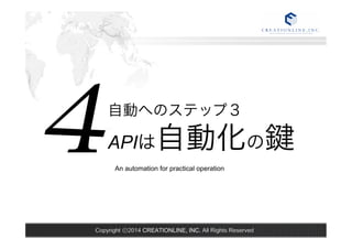 自動へのステップ３ 
APIは自動化の鍵 
An automation for practical operation 4 
Copyright ⓒ2014 CREATIONLINE, INC. All Rights Reserved 
 