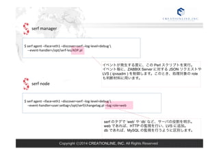 $ 
serf 
agent 
–iface=eth1 
–discover=serf 
–log-­‐level=debug 
 
-­‐-­‐event-­‐handler=/opt/serf-­‐lvs/ADP.pl 
$ 
serf 
agent 
–iface=eth1 
–discover=serf 
–log-­‐level=debug 
 
–event-­‐handler=user:seag=/opt/serf/changetag.pl 
–tag 
role=web 
Copyright ⓒ2014 CREATIONLINE, INC. All Rights Reserved 
serf 
manager 
serf 
node 
イベントが発生する度に、この Perl スクリプトを実行。 
イベント毎に、ZABBIX Server に対する JSON リクエストや 
LVS ( ipvsadm ) を制御します。このとき、処理対象の role 
も判断材料に用います。 
serf のタグで ‘web’ や ‘db’ など、サーバの役割を明示。 
web であれば、HTTP の監視を行い、LVS に追加。 
db であれば、MySQL の監視を行うように区別します。 
 