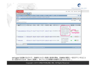 serf agent を起動するだけで、自動的にホスト登録と監視を開始。ZABBIX 画面に一切ログインすること 
なく設定を行えます（Serf と連携し、IP アドレスの情報を自動的に渡しています）。 
Copyright ⓒ2014 CREATIONLINE, INC. All Rights Reserved 
HTTP 
Template 
 