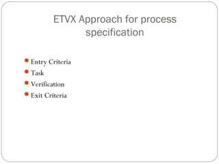 ETVX Approach for process
               specification

Entry Criteria
Task
Verification
Exit Criteria
 