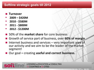Softline strategic goals till 2012 Turnover 2009 –  $ 420М 2010 -  $580 М 2011 -  $ 800М   2012 -  $ 1200М 50%   of the  market share  for core business Growth of service part of business ,  over   60%  of margin  Internet business and services – very important area of our activity and we aim to be the leader of the market segment! Our goal  –  creating  useful and correct business. 
