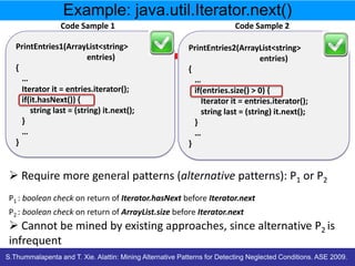 Example: java.util.Iterator.next()
Code Sample 1
PrintEntries1(ArrayList<string>
entries)
{
…
Iterator it = entries.iterator();
if(it.hasNext()) {
string last = (string) it.next();
}
…
}

Code Sample 2
PrintEntries2(ArrayList<string>
entries)
{
…
if(entries.size() > 0) {
Iterator it = entries.iterator();
string last = (string) it.next();
}
…
}

 Require more general patterns (alternative patterns): P1 or P2
P1 : boolean check on return of Iterator.hasNext before Iterator.next
P2 : boolean check on return of ArrayList.size before Iterator.next

 Cannot be mined by existing approaches, since alternative P2 is
infrequent

S.Thummalapenta and T. Xie. Alattin: Mining Alternative Patterns for Detecting Neglected Conditions. ASE 2009.

 