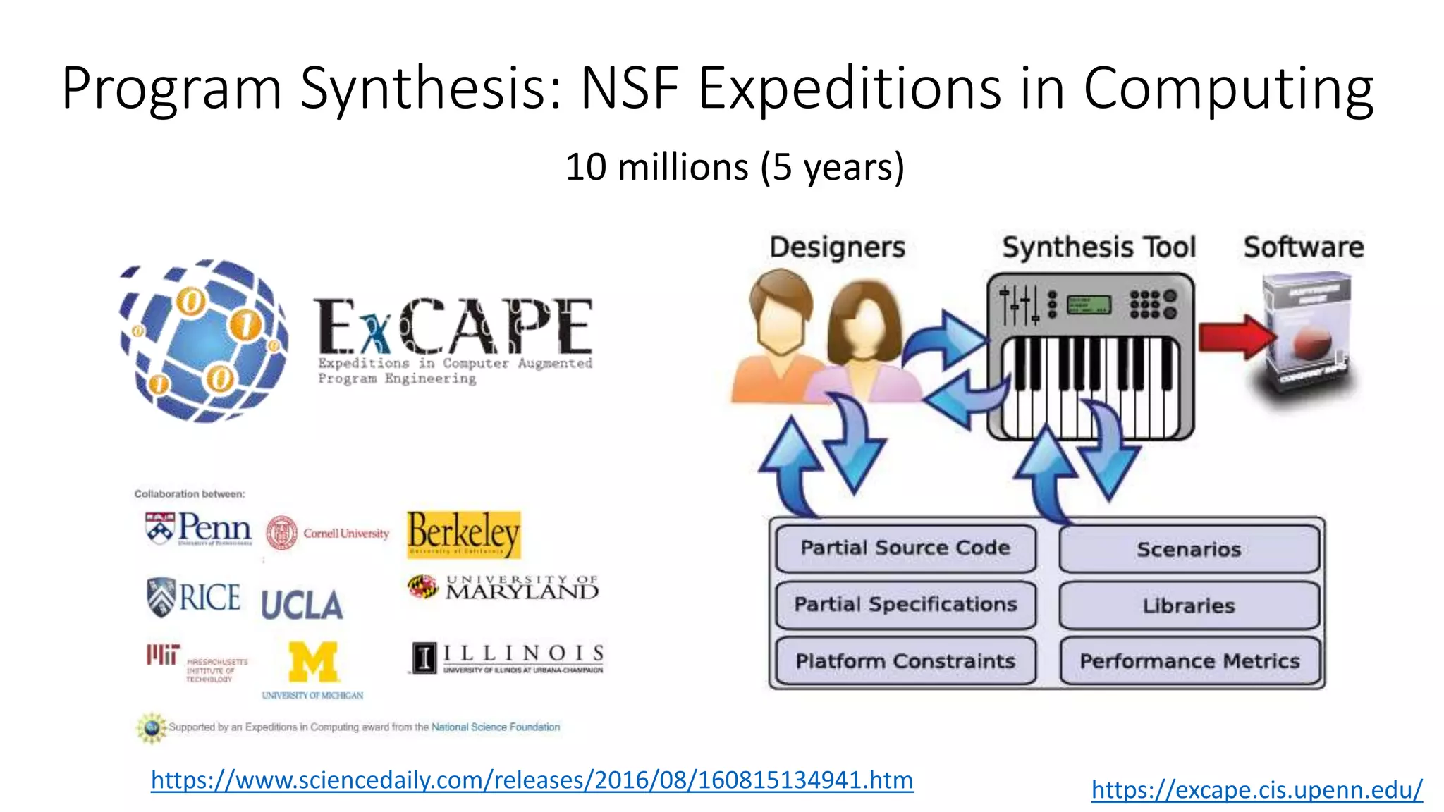 Program Synthesis: NSF Expeditions in Computing
https://excape.cis.upenn.edu/https://www.sciencedaily.com/releases/2016/08/160815134941.htm
10 millions (5 years)
 