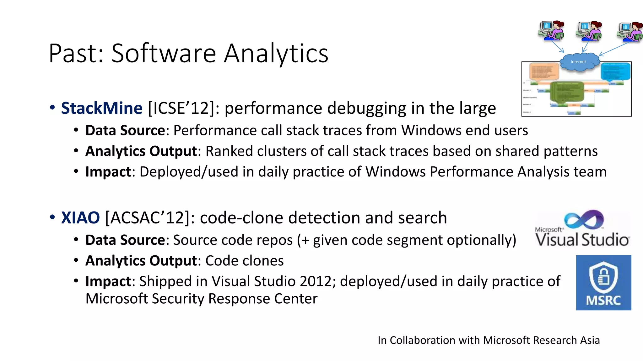 Past: Software Analytics
• StackMine [ICSE’12]: performance debugging in the large
• Data Source: Performance call stack traces from Windows end users
• Analytics Output: Ranked clusters of call stack traces based on shared patterns
• Impact: Deployed/used in daily practice of Windows Performance Analysis team
• XIAO [ACSAC’12]: code-clone detection and search
• Data Source: Source code repos (+ given code segment optionally)
• Analytics Output: Code clones
• Impact: Shipped in Visual Studio 2012; deployed/used in daily practice of
Microsoft Security Response Center
In Collaboration with Microsoft Research Asia
Internet
 