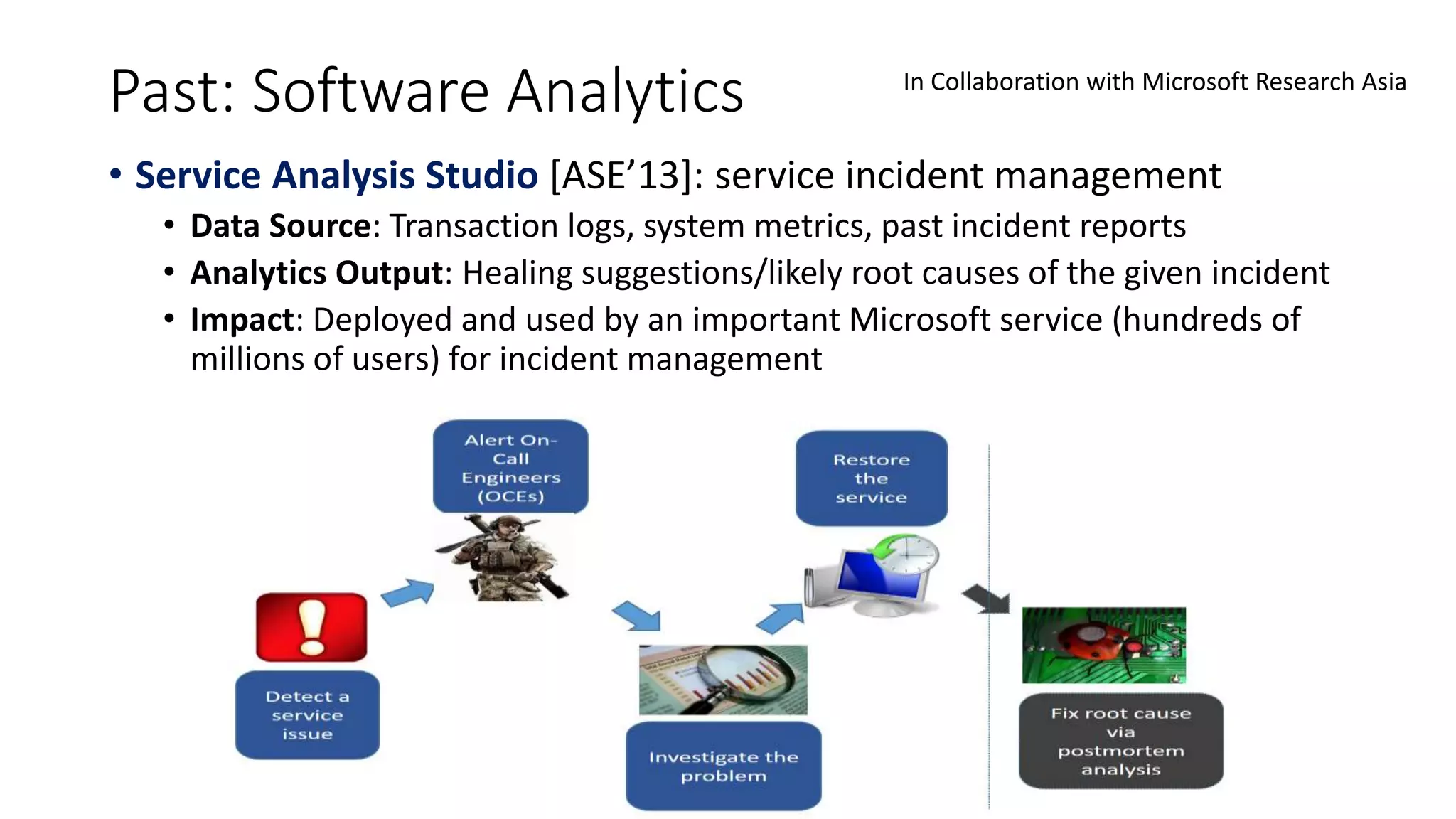 Past: Software Analytics
• Service Analysis Studio [ASE’13]: service incident management
• Data Source: Transaction logs, system metrics, past incident reports
• Analytics Output: Healing suggestions/likely root causes of the given incident
• Impact: Deployed and used by an important Microsoft service (hundreds of
millions of users) for incident management
In Collaboration with Microsoft Research Asia
 