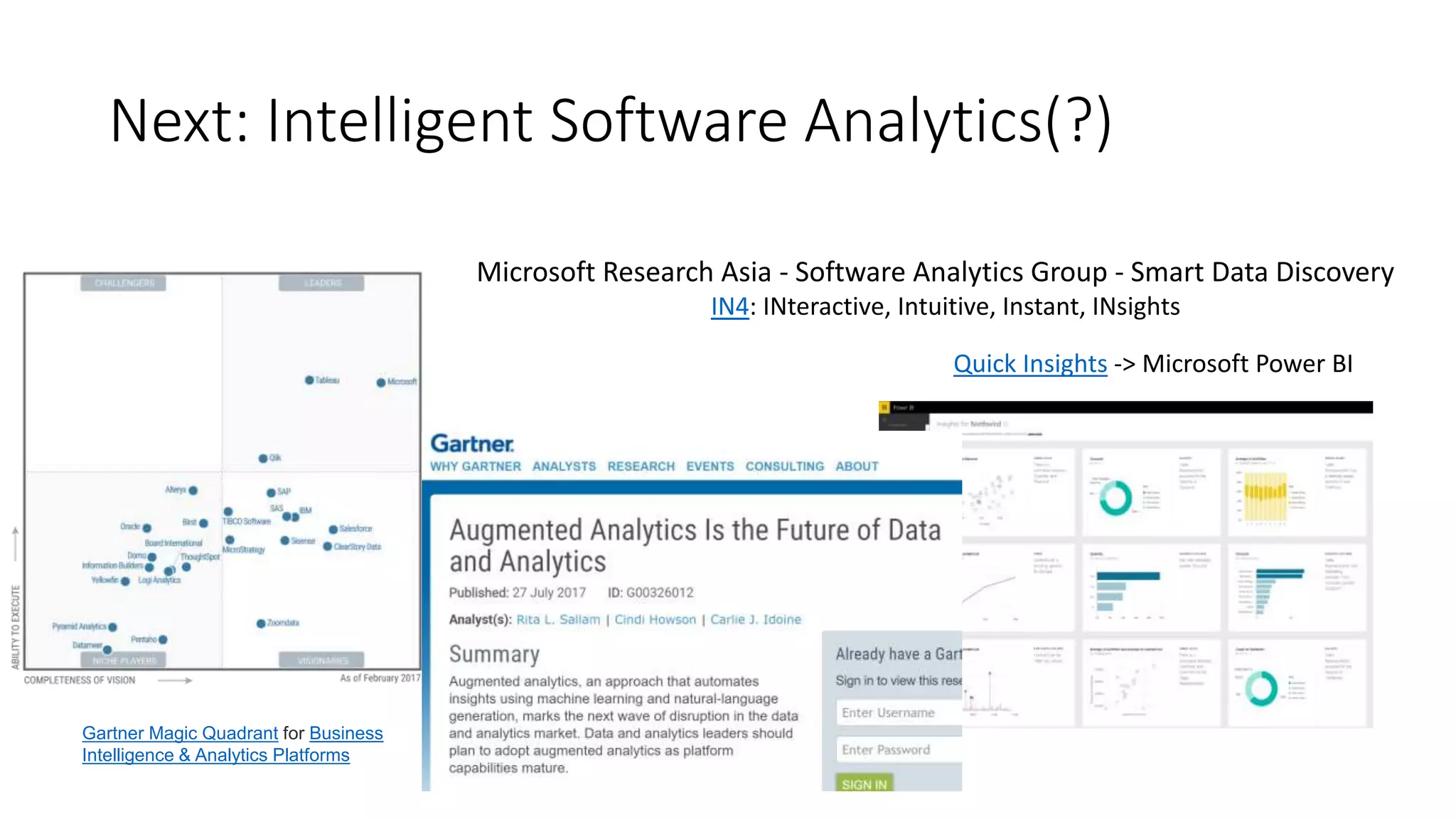 Next: Intelligent Software Analytics(?)
Microsoft Research Asia - Software Analytics Group - Smart Data Discovery
IN4: INteractive, Intuitive, Instant, INsights
Quick Insights -> Microsoft Power BI
Gartner Magic Quadrant for Business
Intelligence & Analytics Platforms
 