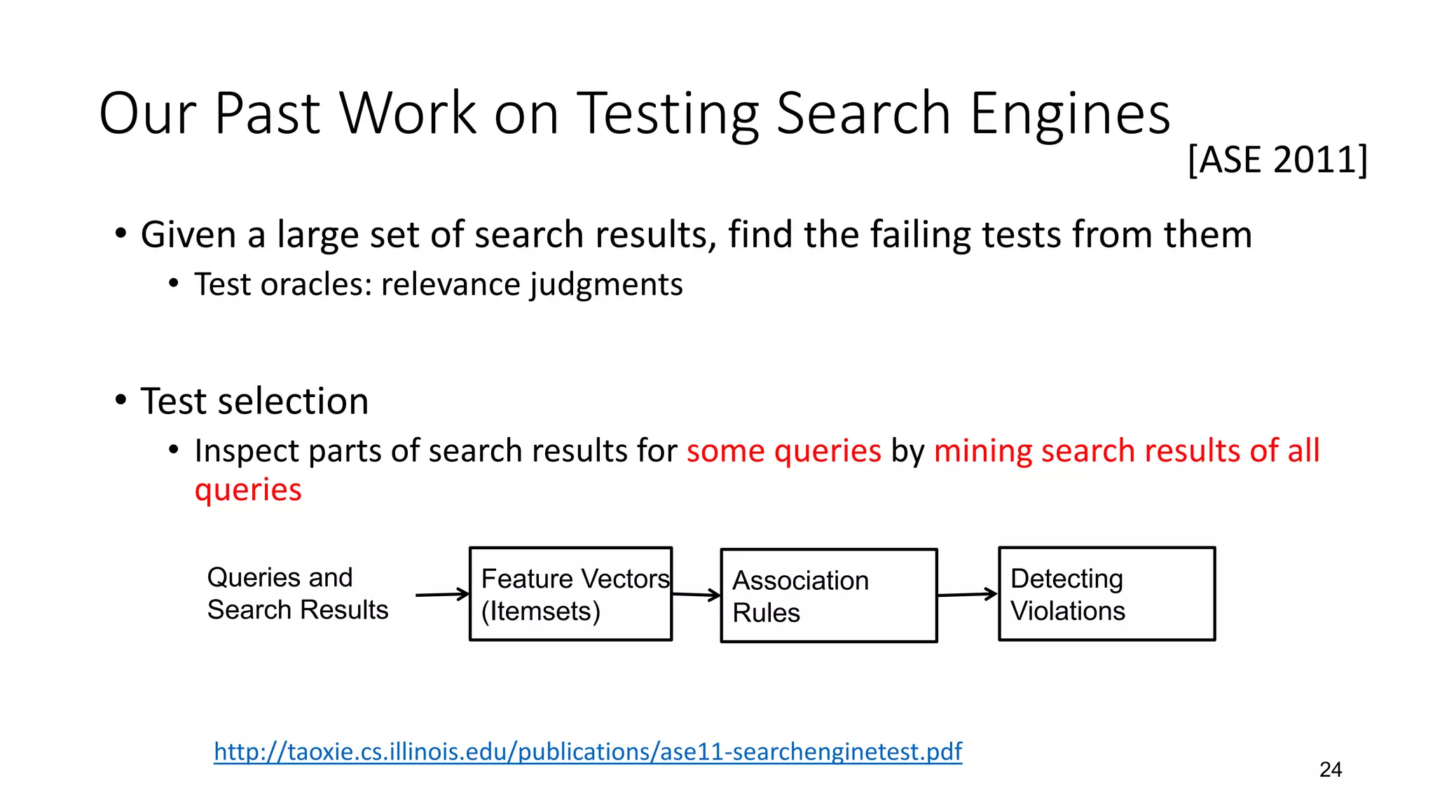 Our Past Work on Testing Search Engines
• Given a large set of search results, find the failing tests from them
• Test oracles: relevance judgments
• Test selection
• Inspect parts of search results for some queries by mining search results of all
queries
24
Queries and
Search Results
Feature Vectors
(Itemsets)
Association
Rules
Detecting
Violations
http://taoxie.cs.illinois.edu/publications/ase11-searchenginetest.pdf
[ASE 2011]
 