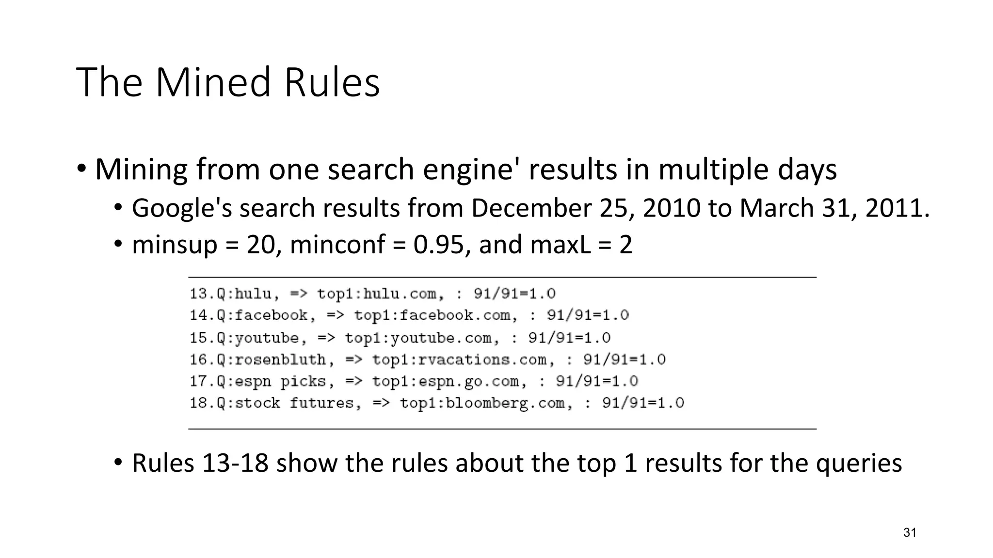 The Mined Rules
• Mining from one search engine' results in multiple days
• Google's search results from December 25, 2010 to March 31, 2011.
• minsup = 20, minconf = 0.95, and maxL = 2
• Rules 13-18 show the rules about the top 1 results for the queries
31
 