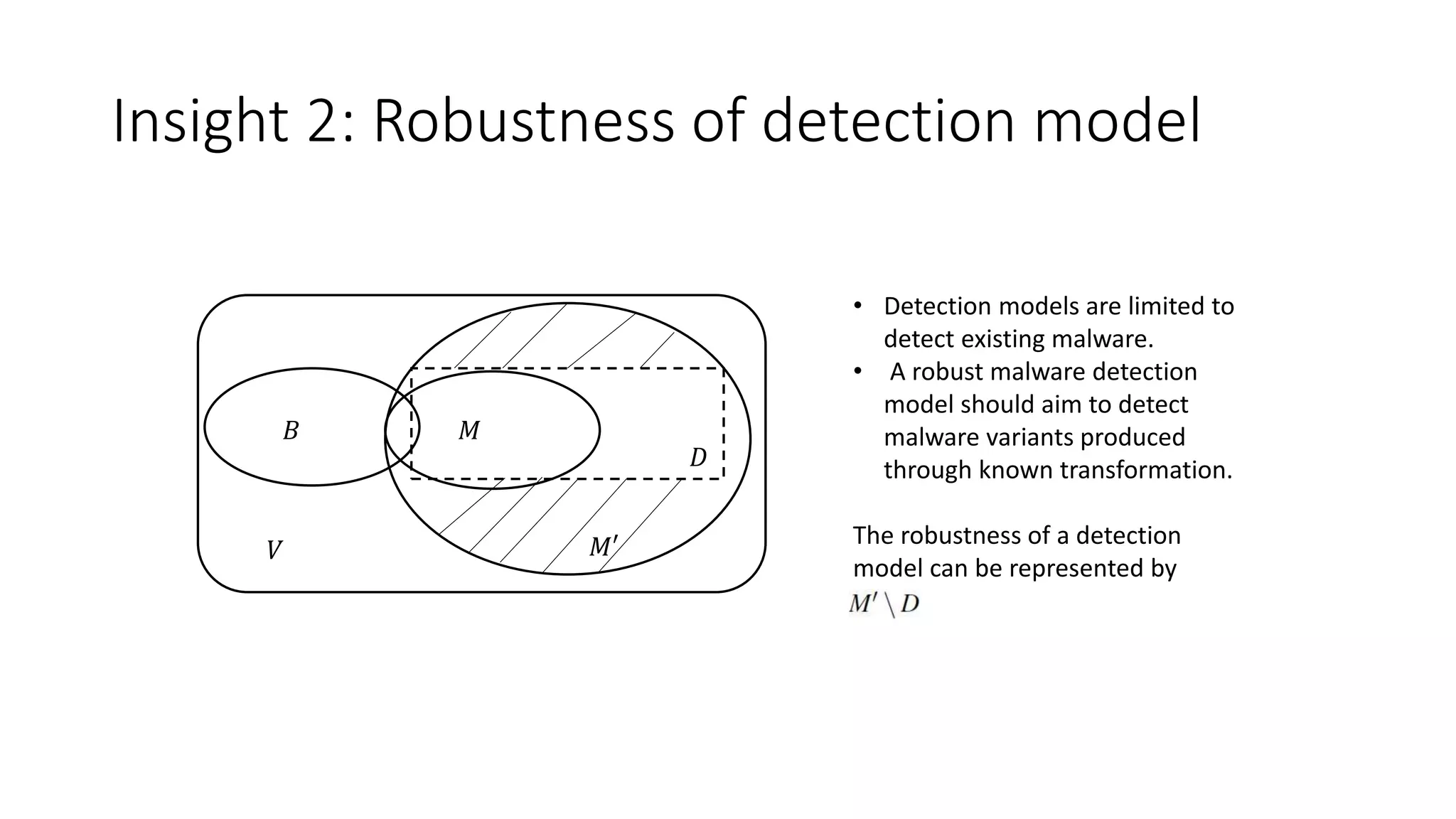Insight 2: Robustness of detection model
• Detection models are limited to
detect existing malware.
• A robust malware detection
model should aim to detect
malware variants produced
through known transformation.
The robustness of a detection
model can be represented by
𝑉
𝐵 𝑀
𝐷
𝑀′
 