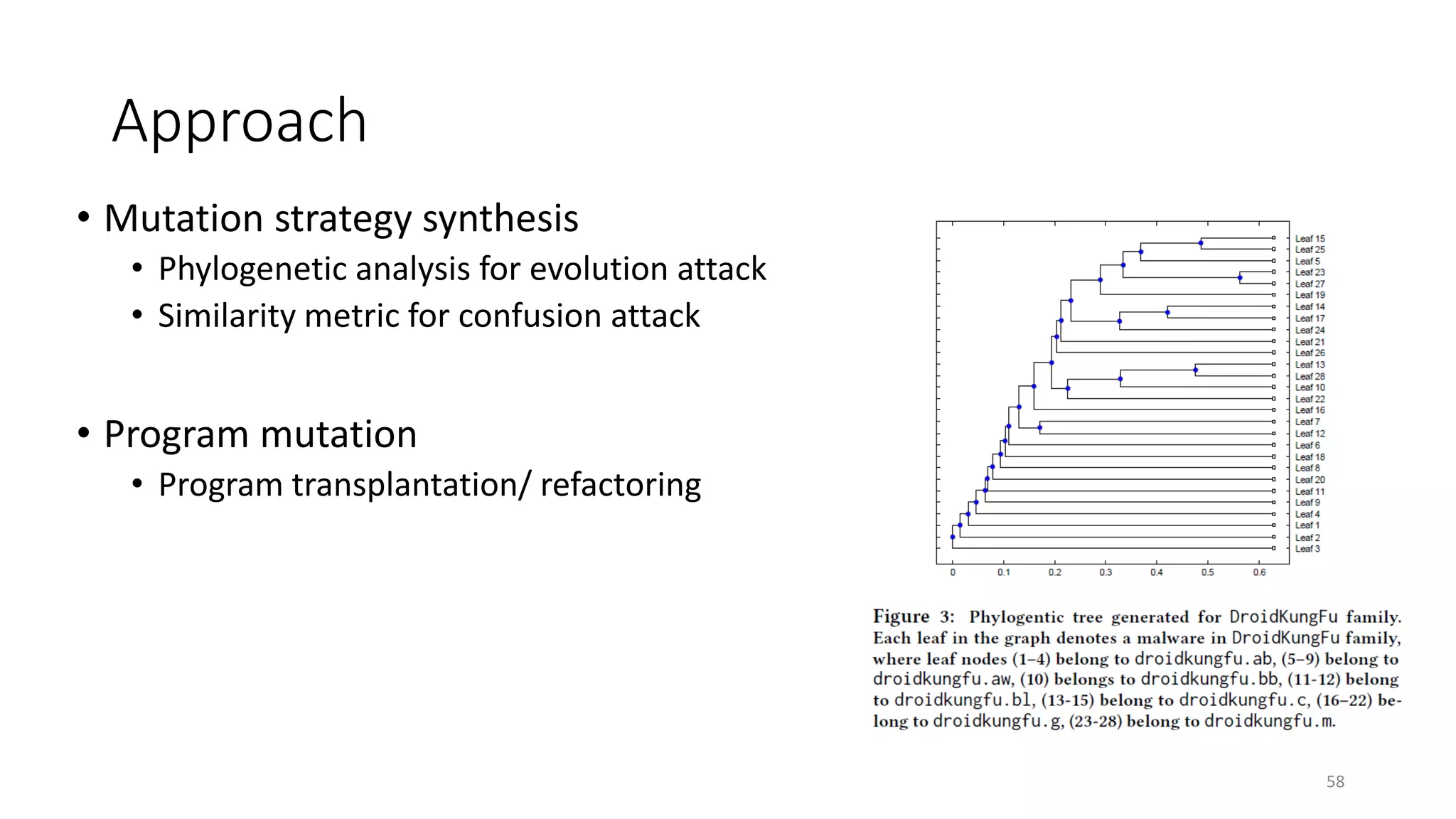 Approach
• Mutation strategy synthesis
• Phylogenetic analysis for evolution attack
• Similarity metric for confusion attack
• Program mutation
• Program transplantation/ refactoring
58
 