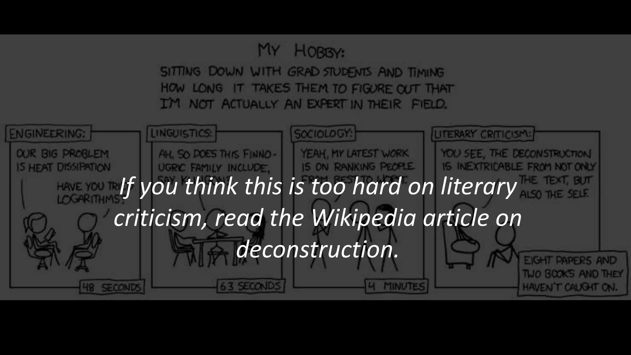 If you think this is too hard on literary
criticism, read the Wikipedia article on
deconstruction.
 