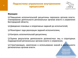 5Подсистема управления внутренними процессамиЦели:Управление внутренними процессами в региональных органах власти и управления Белгородской области;