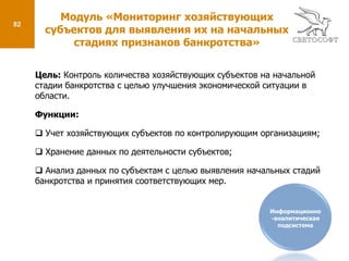 35Модуль «Заседания Правительства Белгородской области»Владелец проекта: Управление организационно-контрольной работы и административной реформыКлиенты: Губернатор Белгородской области, Отдел организационно-контрольной работыСроки разработки/внедрения: 2 месяцаДата начала проекта: 01.02.2009Дата ввода в эксплуатацию: 30.04.2009Задействовано подразделений: 101Задействовано пользователей: 150Количество зарегистрированных заседаний Правительства Белгородской области: 40Подсистема управления внутренними процессами