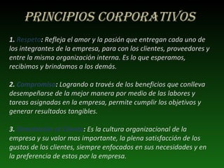 Principios Corporativos  1.  Respeto :  Refleja el amor y la pasión que entregan cada uno de los integrantes de la empresa, para con los clientes, proveedores y entre la misma organización interna. Es lo que esperamos, recibimos y brindamos a los demás.  2.  Compromiso :  Logrando a través de los beneficios que conlleva desempeñarse de la mejor manera por medio de las labores y tareas asignadas en la empresa, permite cumplir los objetivos y generar resultados tangibles.  3.  Orientación al Cliente :  Es la cultura organizacional de la empresa y su valor mas importante, la plena satisfacción de los gustos de los clientes, siempre enfocados en sus necesidades y en la preferencia de estos por la empresa.  