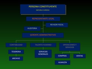 PERSONA CONSTITUYENTE (NATURAL O JURIDICA) REPRESENTANTE LEGAL REVISOR FISCAL AUDITORIA GERENTE ADMINISTRATIVO CONTABILIDAD TESORERIA TALENTO HUMANO OPERACIONES Y SERVICIOS ARCHIVO SERVICIOS GENERALES COMPRAS VENTAS ALMACEN 