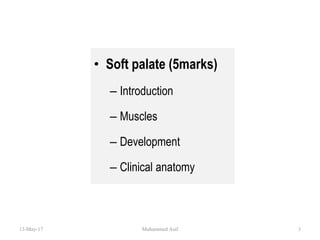 • Soft palate (5marks)
– Introduction
– Muscles
– Development
– Clinical anatomy
13-May-17 3Muhammed Asif
 