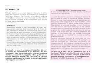 P ◊ 20
Softplace Cahier d’exploration
SCENARIO EXTREME : Tiers-lieuisation totale
Et si l’on “poussait le bouchon” de cette dynamique en faisant
de tous les lieux des tiers-lieux ?
Le succès des tiers-lieux pousse les commerces et espaces de
services privés et publics à adopter de nouvelles stratégies.
D’abord un coup marketing de la part de quelques guichets
d’assurance, cette tendance à la “tiers-lieuisation” s’étend
parmi les organisations en réseau, privées comme publiques.
Elles décident de renouveler leurs lieux et points de contact
vers des espaces conviviaux d’échanges et de partage,
qu’elles animent sur le modèle des tiers-lieux. Certaines mettent
en place des médiathèques, d'autres des lieux de partage
d’objets et de services entre leurs clients. De cette façon, elles
cherchent à créer autour d’elles une véritable communauté.
Ce sont bientôt des centaines de “tiers-lieux de services” qui
maillent les territoires.
Certaines démarches prennent le contre-pied de cette
tendance en s’extrayant de la “tyrannie du partage” : ce
n’est plus l’expérience qui y prime mais bien l’accès à une
connexion, des m2, des équipements ou des services plus ou
moins personnalisés. Chaque lieu a sa couche servicielle et en
assure aussi une gestion fluide : affectation et réservation des
espaces, gestion de l’agenda, des droits des usagers, etc.
Qu’arrive-t-il à ceux qui ne parviennent pas à se
transformer? Comment faire la différence entre un «tiers-
lieu washing» et les tiers-lieux d'origine ?Cohérence du
maillage territorial: concurrences ou complémentarités ?
Qui assure la lisibilité du paysage des lieux ?
Des modèles C2B1
Enfin, ces plateformes permettent également de mettre en lien les
particuliers possédant un bien et des entreprises ou entrepreneurs
demandeurs d’espaces. Elles s’inscrivent sur un créneau laissé libre
par AirBnB pour proposer aux propriétaires de nouvelles solutions
pour la location provisoire de leur appartement avec ou sans
échange avec les locataires.
1 customer to business	
Hackerhouse
HackerHouse propose à des propriétaires de louer leur
appartement pour une durée moyenne de 3 à 4 mois à
des entrepreneurs désireux de coworker et de vivre au sein
d’un même lieu le temps d’un projet ou d’une collaboration.
En s’inscrivant dans la communauté, les propriétaires sont mis
en contact avec les “locataires” pré-sélectionnés par le site.
Après acceptation, leur bien est laissé en gestion à l’un des
colocataires qui se porte garant du bon déroulement de la
location.
Du point de vue des usagers/locataires,“HackerHouse” s'adresse
aux entrepreneurs désireux de collaborer et de cohabiter au
sein d’un même espace.
Dans quelles mesures et sur quels points ces lieux peuvent-
ils inspirer les transformations et les évolution des lieux
“classiques”? (lieux de services publics ou privés, commerce,
etc.) Que pourraient-ils leur apporter ? Dans quelles mesures
peut-on réellement imaginer des “tiers-lieux” de services,
combinant des logiques servicielles, de flux, et des logiques
d’ancrage, de convivialité ?
 