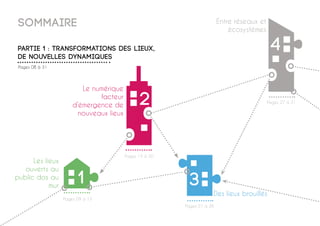 1
2
3
4
Pages 08 à 31
Sommaire
PARTIE 1 : Transformations des lieux,
de nouvelles dynamiques
Les lieux
ouverts au
public dos au
mur
Le numérique
facteur
d’émergence de
nouveaux lieux
Des lieux brouillés
Entre réseaux et
écosystèmes
Pages 09 à 13
Pages 14 à 20
Pages 21 à 26
Pages 27 à 31
 
