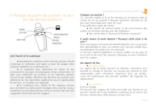 PARTIE 3
P ◊ 53
2Accompagner les mutations urbaines
◊ Multiplier les points de contact : le tiers-
bus de services publics ◊
Comment ça marche ?
Ce tiers lieu mobile va là où les individus en ont besoin, selon le
rythme de vie du quartier. Il dispose néanmoins d’horaires et de
lieux fixes d’ancrage pour créer du rituel.
Il accueille deux types de taches:
	 ● des taches de “service public” et de connaissance des
publics du territoire assurées par des médiateurs
	 ● des taches liées à “l'accueil d’initiatives citoyennes”
A quels enjeux la piste répond ? Pourquoi cette piste a du
sens ?
Dans une logique croissante de dématérialisation, tout ce qui peut
être dématérialisé le sera. La création d’un tiers-lieu mobile pour
accompagner les publics est une nécessité.
Le tiers-bus répond également au besoin d’aller voir les gens là
où ils sont et de sortir des espaces classiques, souvent intimidants
pour les usagers.
Les agents du lieu
	 ● Le super-agent :
Les agents de la mairie peuvent se déclarer volontaires pour
prendre en charge le tiers-lieu une journée par semaine. Ils sont
responsables point information (questions, prise de rendez-
vous), de l’organisation des activités “greffées”, de l’agenda, du
déplacement
	 ● Le médiateur :
Il est en charge :
De l’accueil des usagers, de l’aide ponctuelle aux “bornes” et au
guichet culturel, de la mini-médiation numérique et du renvoi vers
les bons interlocuteurs (EPN, emmaus connect, etc.)
Le(s) lieu(x) et le numérique :
	 ● L’équipement numérique du lieu (bornes, guichet culturel
numérique, un ordinateur par agent, un pour les usagers dans
l’espace médiation au numérique, etc. )
	 ● Le numérique pour déterminer les trajets du lieu
(concertation physique accompagnée d'une concertation en
ligne pour déterminer les endroits où les habitants désirent
trouver le lieu mobile, utilisation des données du quartier pour
déterminer les flux importants, application pour le géolocaliser
le tiers-bus et visualiser son agenda)
	 ● Le numérique pour animer le lieu (réseaux sociaux
pour entretenir la communauté d’usagers, faire venir les curieux,
newsletters et autre dispositif pour tenir au courant des activités,
suggestion d’activités par les usagers)
 