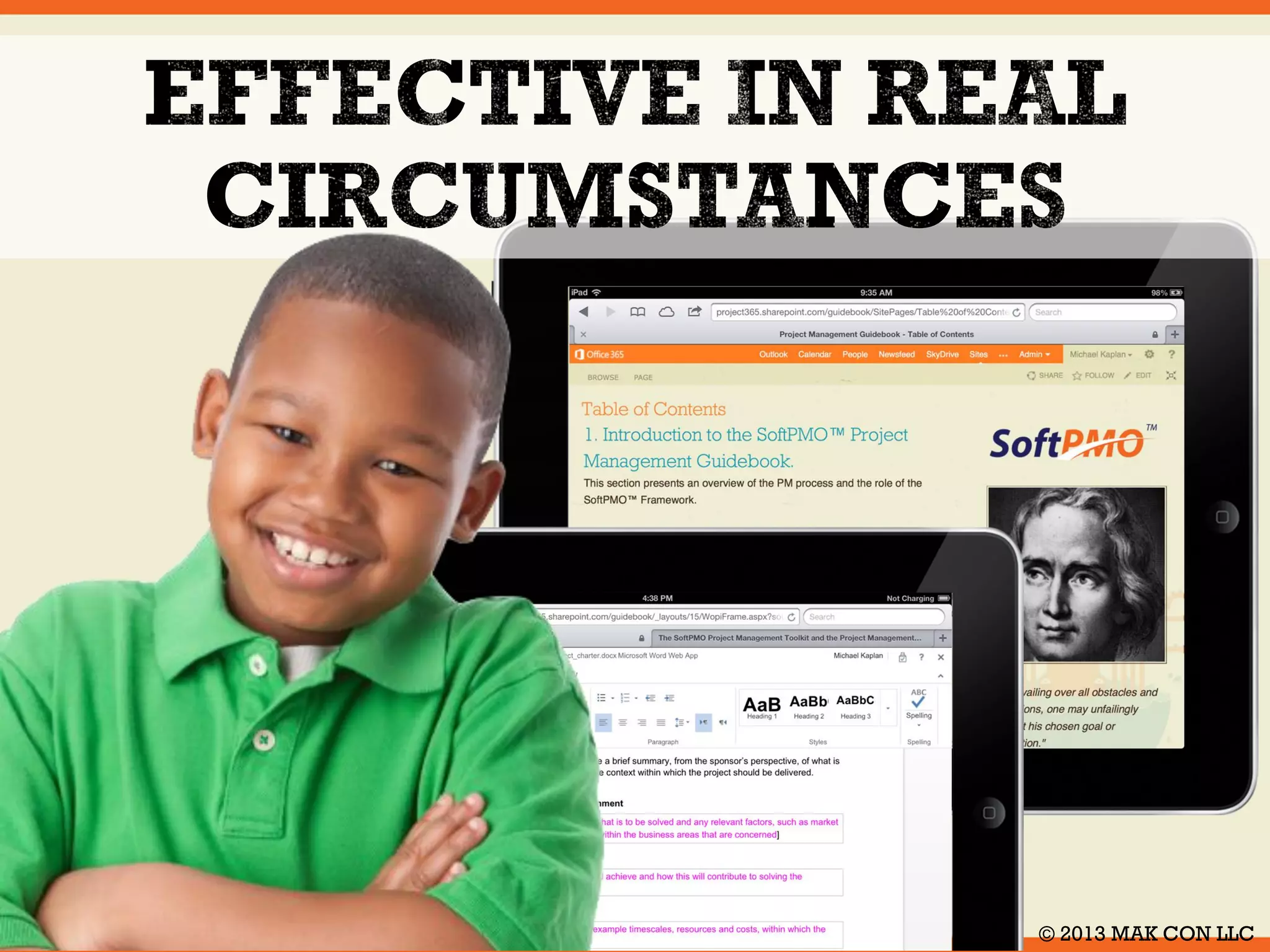 Whether you're just starting a 
new project or have been 
running one for awhile, you know 
the difference between good 
practice and success can't be 
ignored. Measuring how your 
project is doing against its 
baseline is the best way to make 
sure you're on track or to make 
fast track corrections when you're 
not. And it's easy with the special 
features built into the SoftPMO 
Project Management Toolkit. 
© 2014 MAK CON LLC 
 