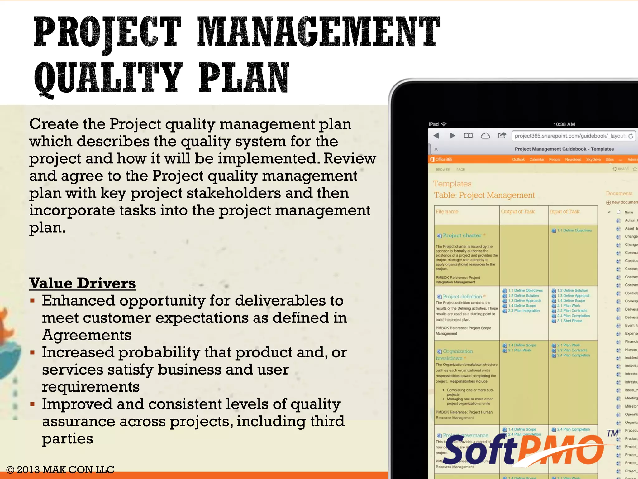 Implement an integrated and approved project 
management plan to guide project execution. 
Document and explain multi project tasks and 
dependencies for the program. Maintain the 
project plan for the life of the project. Approve 
changes to the project plan in accordance with 
project and program governance. 
Value Drivers 
 Increased probability that project milestones, 
cost or scope are met 
 Enhanced management awareness of potential 
delay, and the ability to respond 
 Better mechanisms for sharing project plan 
and progress in a consistent manner 
 Progress tracked and communicated 
© 2014 MAK CON LLC 
 