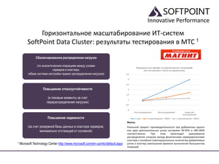 Innovative Performance
Горизонтальное масштабирование ИТ-систем
SoftPoint Data Cluster: результаты тестирования в MTC 1
1 Microsoft Technology Center http://www.microsoft.com/en-us/mtc/default.aspx
Факты:
Реальный прирост производительности при добавлении одного
или двух дополнительных узлов составляет 90-95% и 180-185%
соответственно. При этом происходит равномерное
распределение нагрузки между физическими серверами/узлами
кластера и линейное (пропорционально количеству добавляемых
узлов в кластер) уменьшение времени выполнения большинства
операций.
Сбалансированное распределение нагрузки
(по аналитическим операциям между узлами
серверов в кластере,
гибкая система настройки правил распределения нагрузки)
Повышение отказоустойчивости
(в пиковые моменты за счет
перераспределения нагрузки)
Повышение надежности
(за счет резервной базы данных в кластере серверов,
минимально отстающей от основной)
 