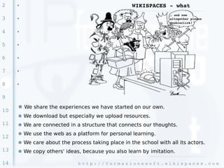 2    ●                                                  WIKISPACES ­ what
                                                                          … and now
3    ●                                                                    altogether please
                                                                          doubleclick!


4    ●




5    ●




6    ●




7    ●




8    ●




9
     ● We share the experiences we have started on our own.
10
     ● We download but especially we upload resources.
11   ● We are connected in a structure that connects our thoughts.
     ● We use the web as a platform for personal learning.
12
     ● We care about the process taking place in the school with all its actors.
13   ● We copy others' ideas, because you also learn by imitation.

14                           h t t p : / / f o r m a z i o n e s o f t . w i k i s p a c e s . c o m 
 