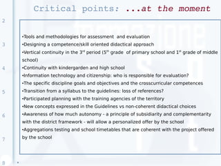 Critical points: ...at the moment
2

        Tools and methodologies for assessment and evaluation
        ●



3       Designing a competence/skill oriented didactical approach
        ●



        Vertical continuity in the 3rd period (5th grade of primary school and 1st grade of middle
        ●



        school)
4       Continuity with kindergarden and high school
        ●



        Information technology and citizenship: who is responsible for evaluation?
        ●



        The specific discipline goals and objectives and the crosscurricular competences
        ●



5       Transition from a syllabus to the guidelines: loss of references?
        ●



        Participated planning with the training agencies of the territory
        ●



        New concepts expressed in the Guidelines vs non-coherent didactical choices
        ●




6       Awareness of how much autonomy - a principle of subsidiarity and complementarity
        ●



        with the district framework - will allow a personalized offer by the school
        Aggregations testing and school timetables that are coherent with the project offered
        ●




7       by the school




8   ●
 