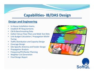 Capabilities- IB/DAS Design
Design and Engineering
• In-House installation teams.
• Establish RF Requirements
• CW & Benchmarking Data
• Collect Venue Floor Plans and Walk Test Data
• Link Budget Calculation / Propagation Model
Tuning
• Traffic Distribution and Capacity Design
• Coverage Design
• Site-Specific Antenna and Feeder Design
• Propagation Analysis
• Frequency/PCI/Sector Planning
• Neighbor List Generation
• Final Design Report
 